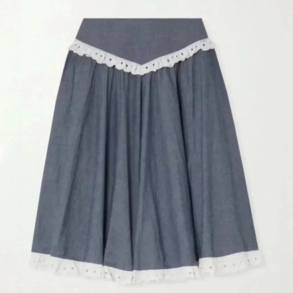 Batsheva Shirley Broderie Anglaise Skirt in Mid Denim
